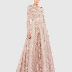 Mac Duggal Blush Pink Embellished Long-Sleeve Lace Gown